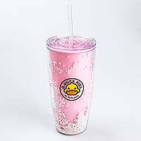 QWE Многоразовый стакан с трубочкой и крышкой 750 мл пластиковый Розовый