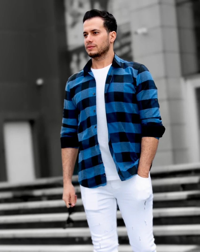 Сорочка З щільної бавовни у Велику Клітку синього кольору M L XL XXL 23-40-601, фото 1