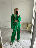 Женский яркий костюм тройка из натуральной ткани (топ + кофта + штаны). Арт 001А550 Зелёный 42/44