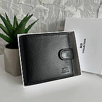 Мужской кожаный кошелек портмоне на кнопке MD черный бумажник PRO_1099