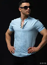 Лляна блакитна сорочка чоловіча з коротким рукавом M L XL XXL 23-107-705