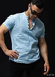 Лляна блакитна сорочка чоловіча з коротким рукавом  L 23-107-705, фото 2