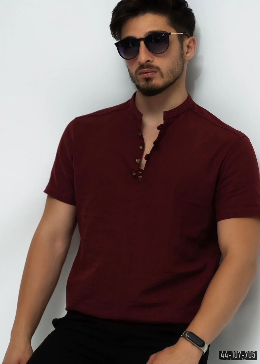 Бордова літня сорочка чоловіча льон M L XL XXL 44-107-705, фото 1