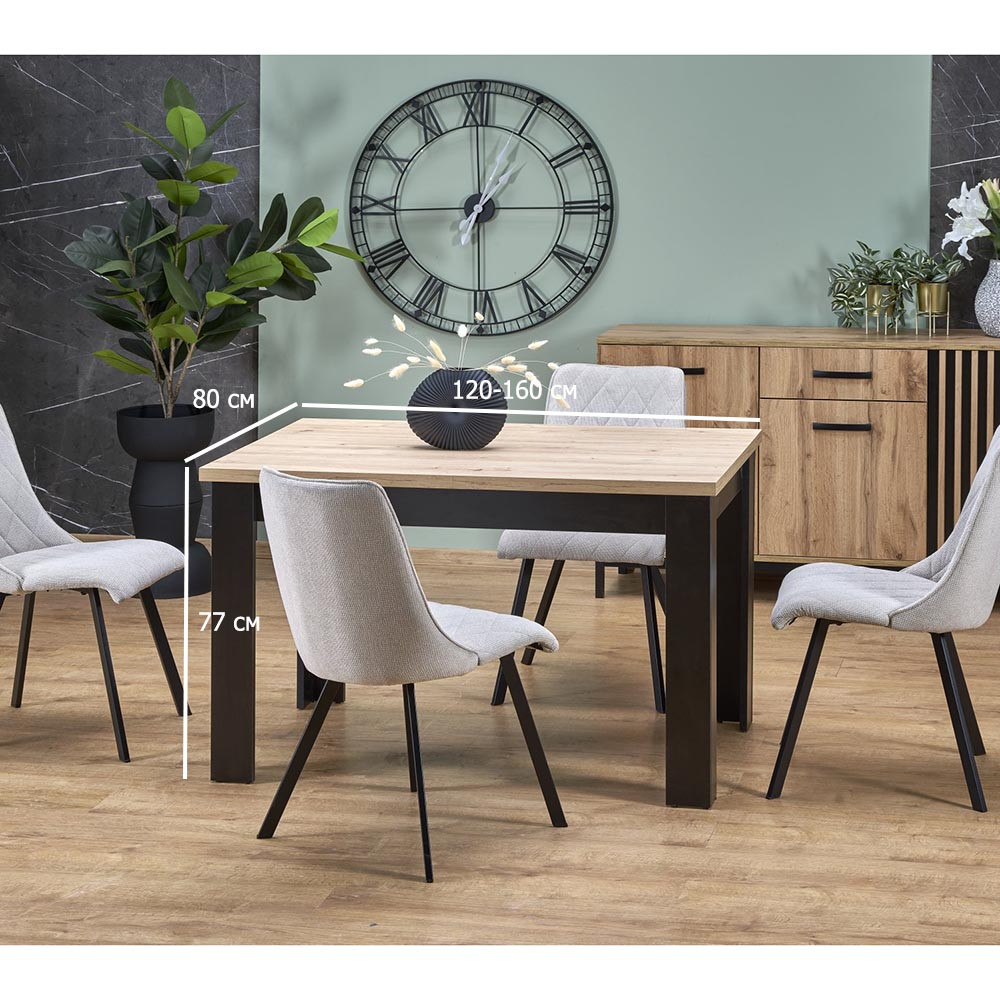 Розкладний обідній стіл із дсп Bagio 120-160х80 см дуб артисан на чорних ніжках в їдальню, фото 1