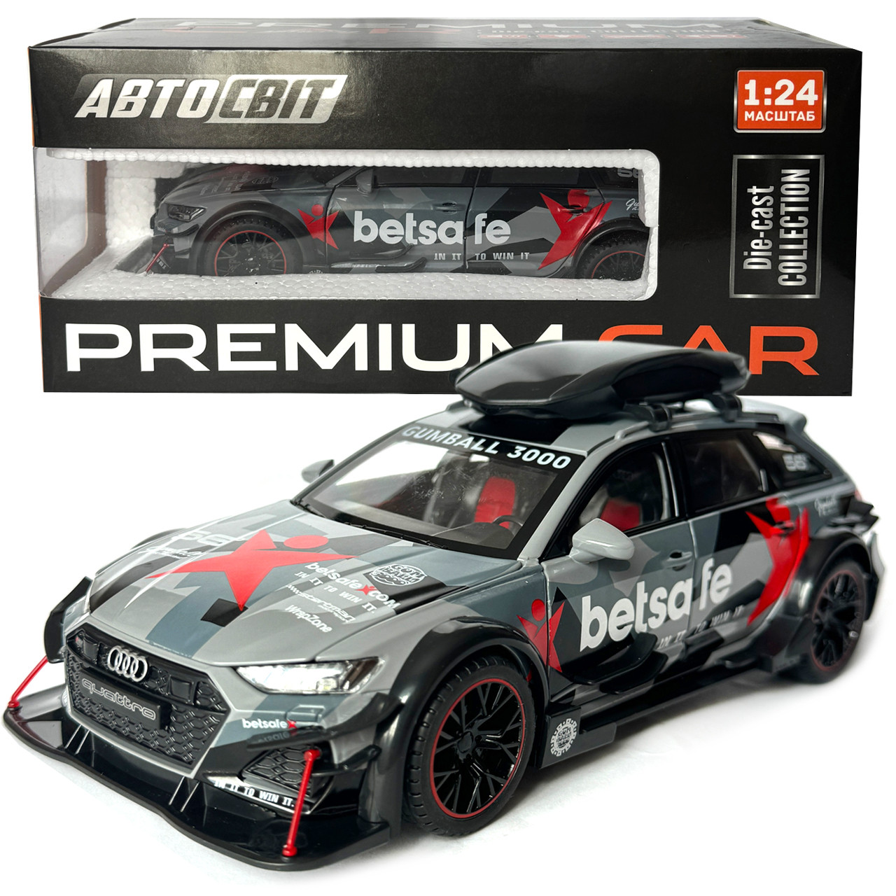 Машинка металева Audi RS6 DTM BETSAFE Ауді сіра 1:24 звук світло відкр двері капот багажник Автосвіт 20,5*8,5*7см (AP-2025), фото 1