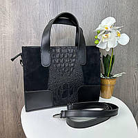 Новинка! Жіноча замшева сумка-пептилія чорна, сумочка з натуральної замші з тисненням у стилі рептилії крокодила
