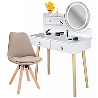 Туалетный столик Jumi SCANDI с зеркалом (кожаные ручки) и LED подсветкой белый + стул Saida беж