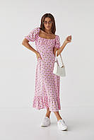 Довга квіткова сукня з оборкою hot fashion - рожевий колір, M (є розміри) sm