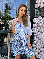 Красивое женское легкое летнее платье сарафан софт цветочный принт мини комплект двойка с рубашкой креп-шифон Голубой, 42/44