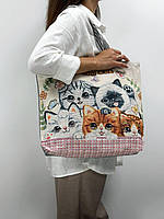 Жіноча сумка шопер тканинна гобелен велика містка 43*37*9 см. з принтом "4 котика". Сумка для покупок, пляжна сумка