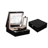 Шкатулка органайзер для хранения украшений из кожзама с зеркалом на ключике черная 25,5 х 25,5 х 9 см 3DTOYSLA