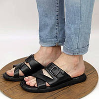 Шлепанцы кожаные летние сандалии для мужчин черные Brionis Advert Шльопанці шкіряні літні сандалі для