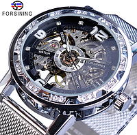 Срібний Жіночий наручний годинник механічний Forsining скелетон з відкритим механізмом Advert
