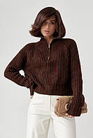 Женский вязаный свитер oversize с воротником на молнии - коричневый цвет, L (есть размеры) sm