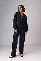 Трикотажный женский костюм с бомбером и прямыми штанами - черный цвет, L (есть размеры) sm