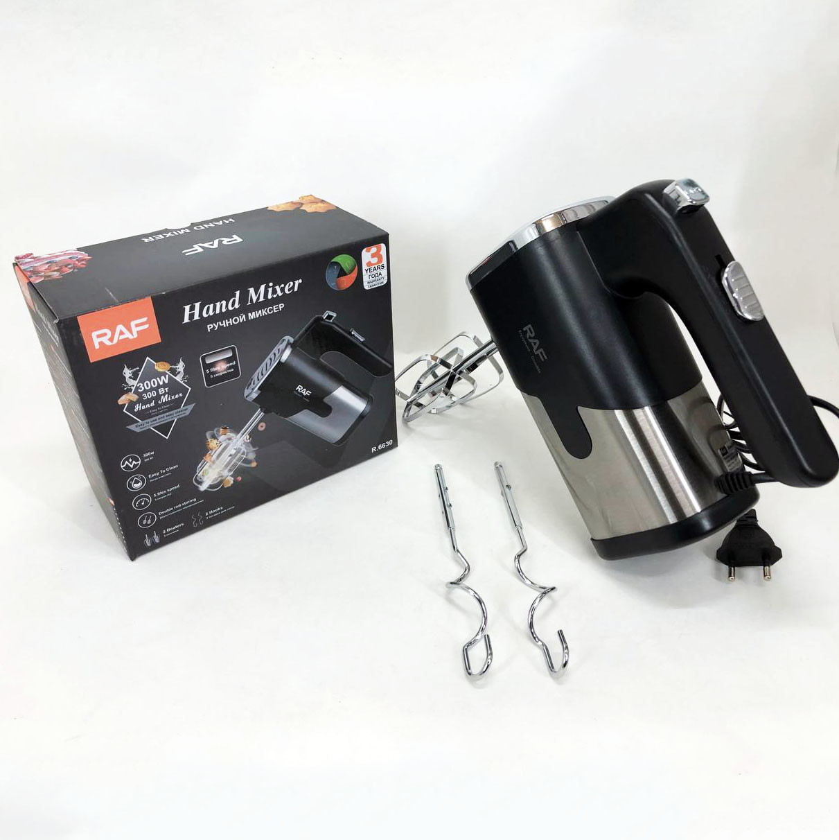 Міксер ручний на кухню RAF R-6630 5 швидкостей 2 насадки 300 W, двовінчиковий міксер, міксер для збивання, фото 1