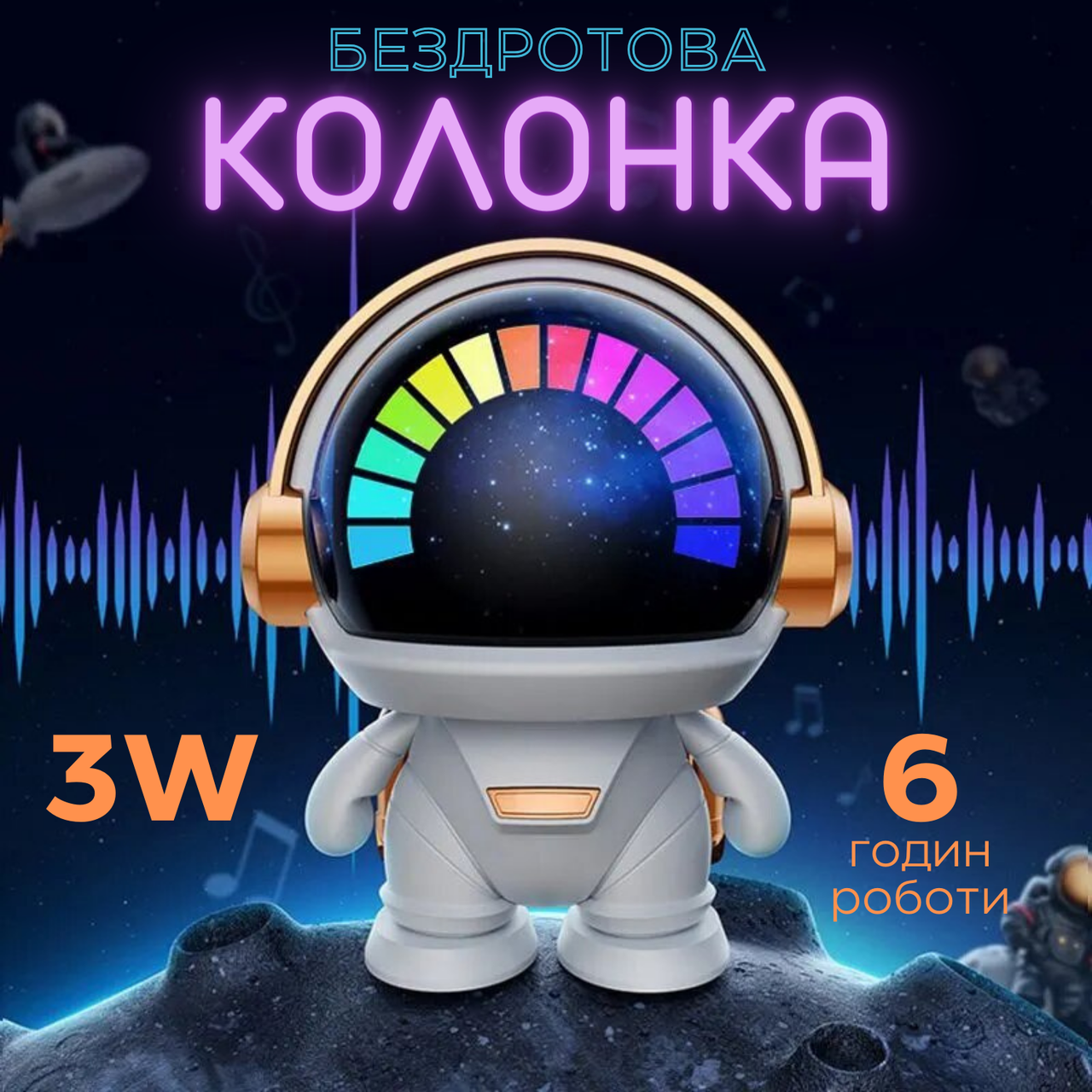 Портативна колонка Блютуз із підсвічуванням Космонавт Міні 3W 800 mAh Бездротова колонка з Bluetooth