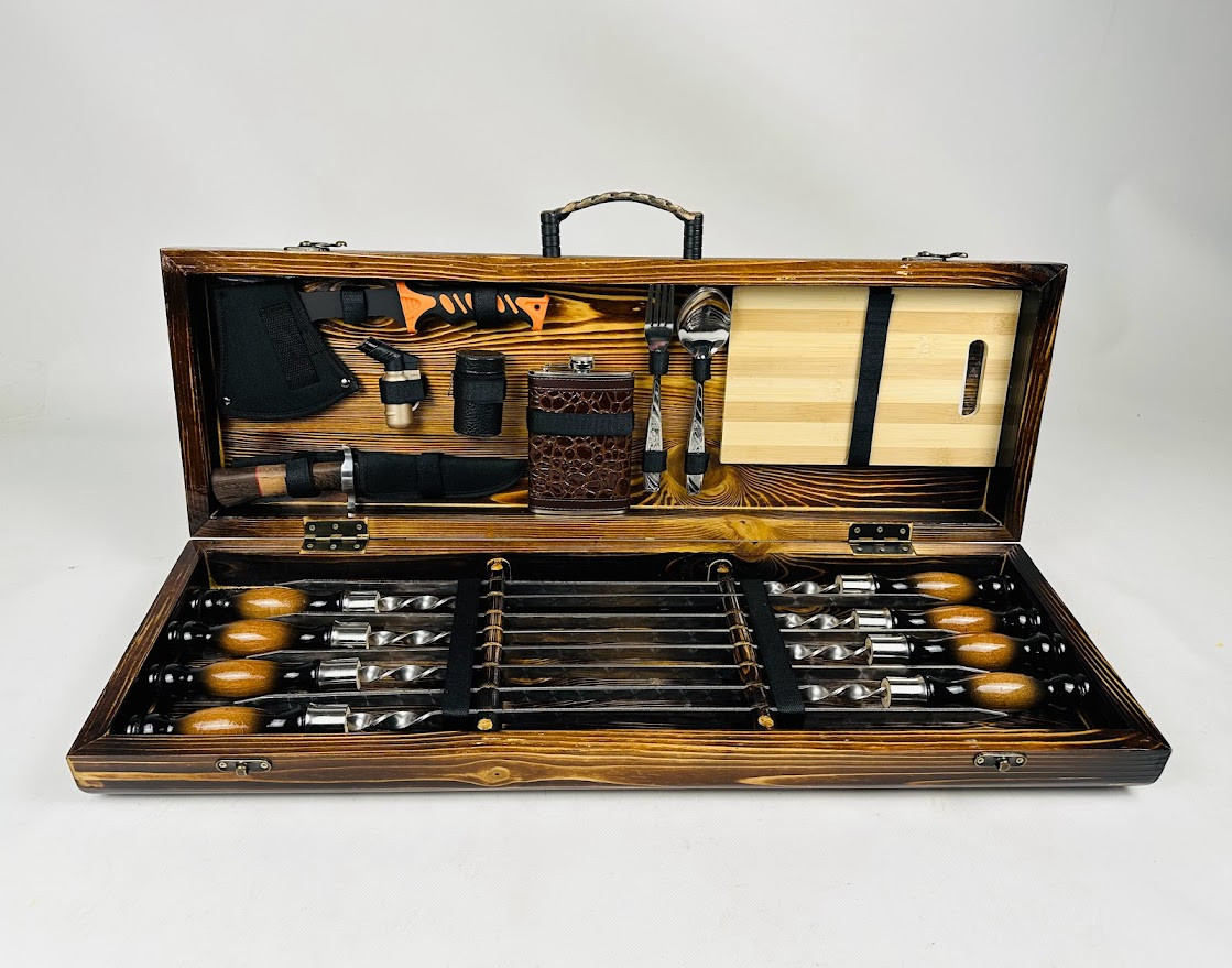 Подарунковий набір шампурів в дерев'яному кейсі ПИКНИК ЛАЙТ HAPPY DAYS, фото 1