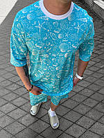 Блакитний спортивний чоловічий костюм з морським принтом футболка шорти блакитний 42-5/743 InfinityShop