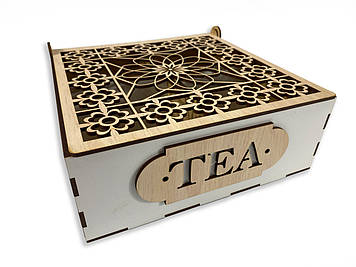 Коробка-органайзер для чаю TEA з натурального дерева з різьбленням та перфорацією 22х22,5х7,5 см