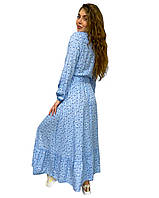 Женское легкое весенне-летнее голубое платье с цветочным принтом, длинным рукавом на резинке, оборкой снизу