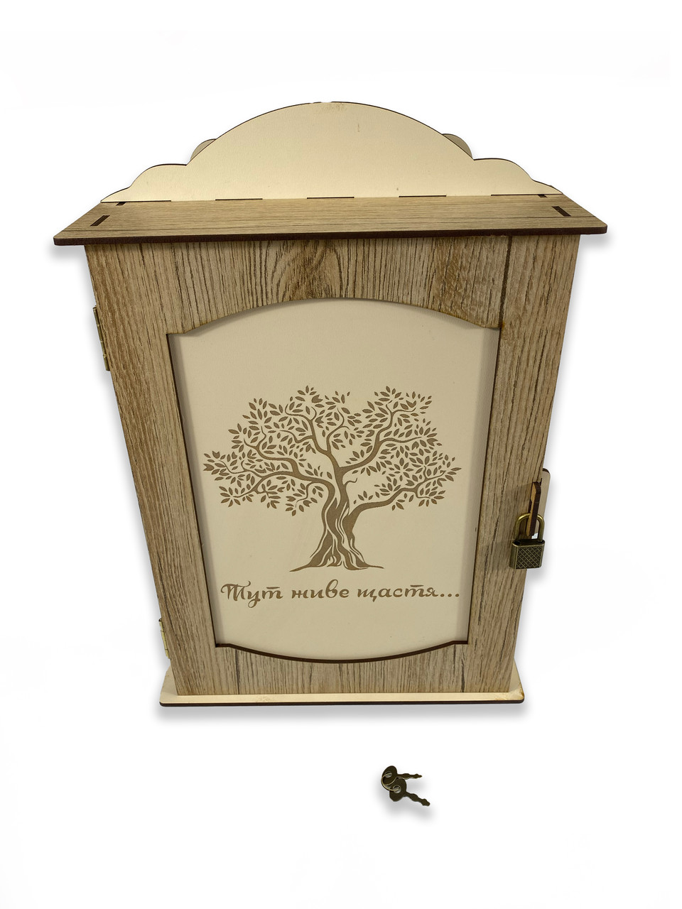 Навісний органайзер-ящик для ключів з натурального дерева з різьбленням на 9 гачків 22x31,5x9 см, ключниця настінна