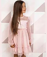 Платье для девочки нарядное на резинке, с оборкой , фатин с горошком, сетка,костюмка розовое, JYF