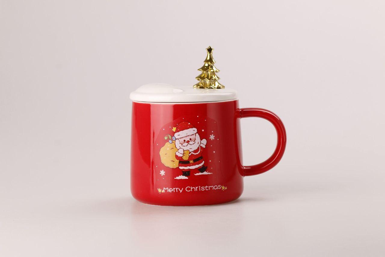 Керамічна чашка 400 мл Merry Christmas з кришкою і ложкою Червоний
