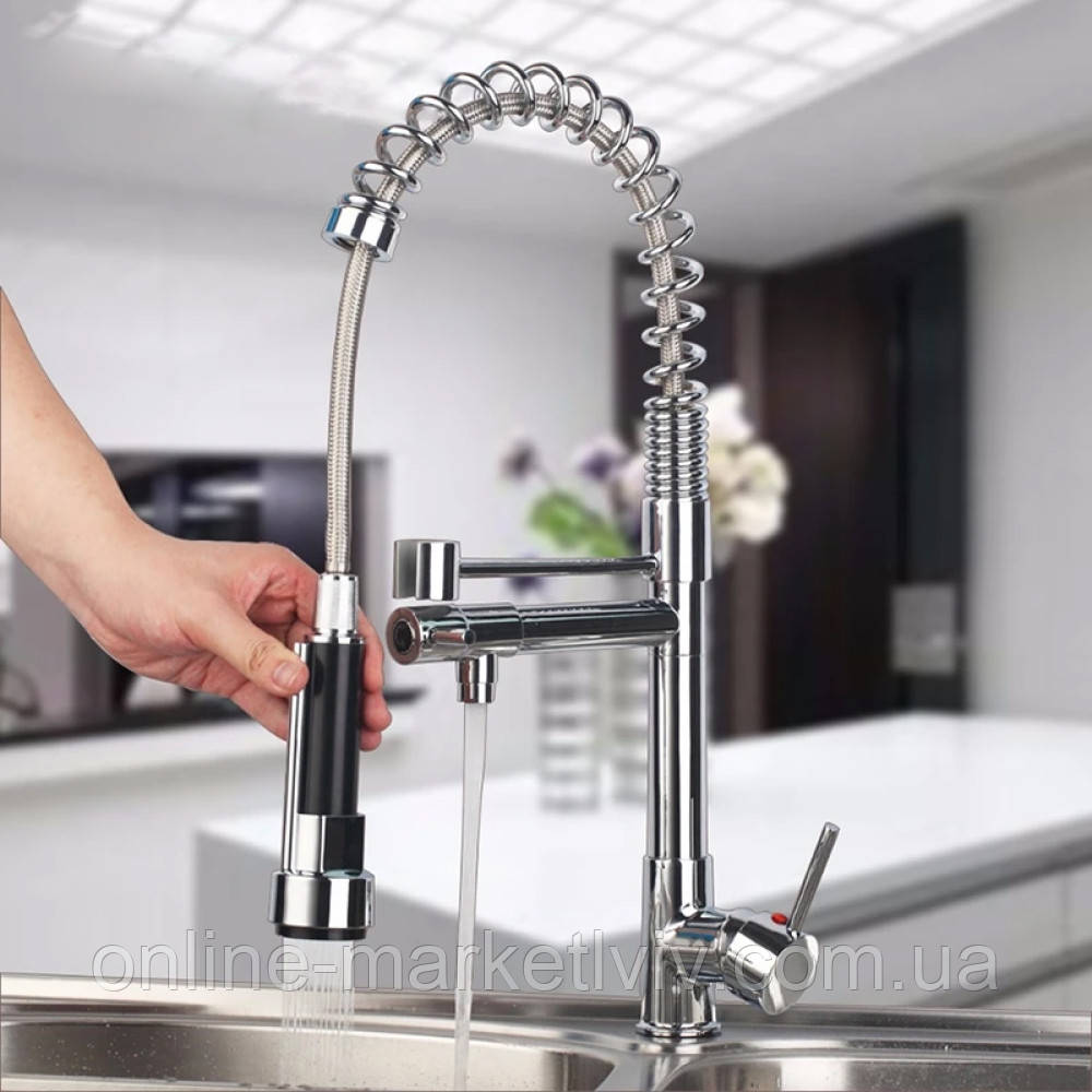 Гнучкий кухонний змішувач з висувним зливом і важелем збоку, Хром / Змішувач для кухні / Кран на кухню, фото 1