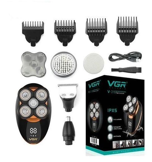Чоловічий набір VGR 5в1 для догляду за обличчям (електробритва Waterproof IPX5, тример для носа, бороди) V-316, фото 1