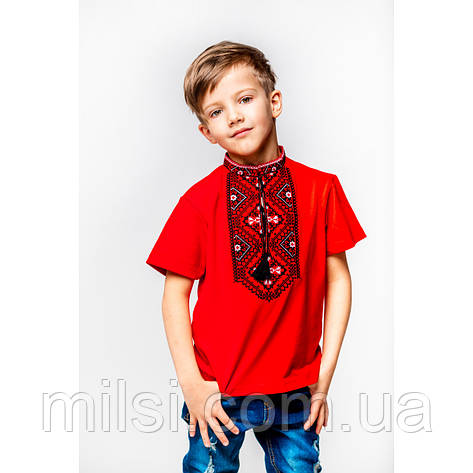 Вишиванка-футболка для хлопчика 80 Piccolo "Олесь" червона з чорною вишивкою, фото 1