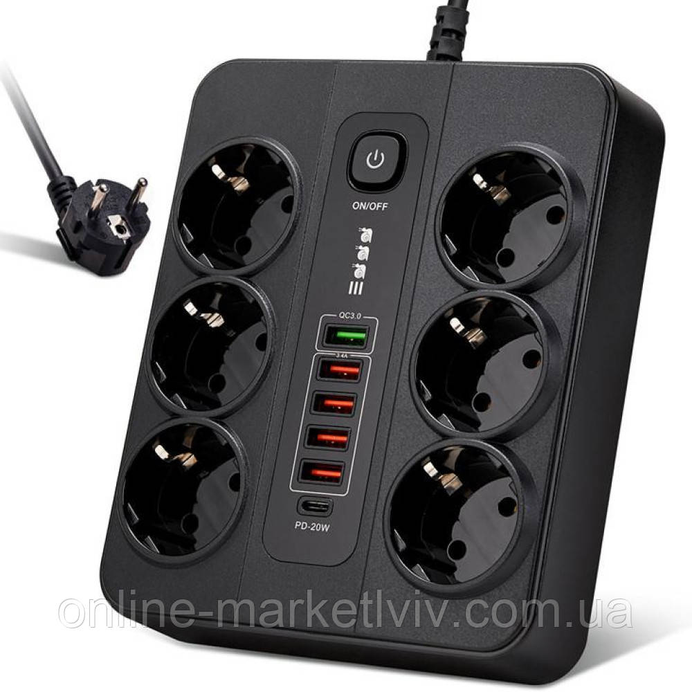 Мережевий фільтр на 6 розеток+3USB+2USB IQ+Type C, 3000Вт, кабель 2м, Чорний / Подовжувач з USB