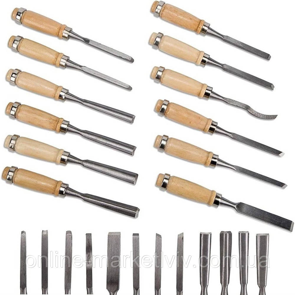 Набір різців по дереву 12 шт в чохлі / Інструменти для різьби по дереву / Стамески / Різці по дереву, фото 1