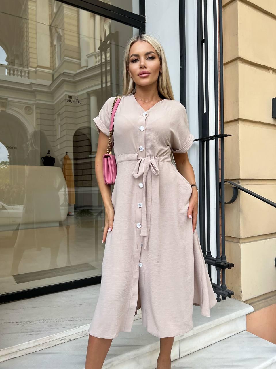 Сукня літня ЖАТКА на гудзика і з пояском БІЛИЙ/БЕЖЕВИЙ, фото 1