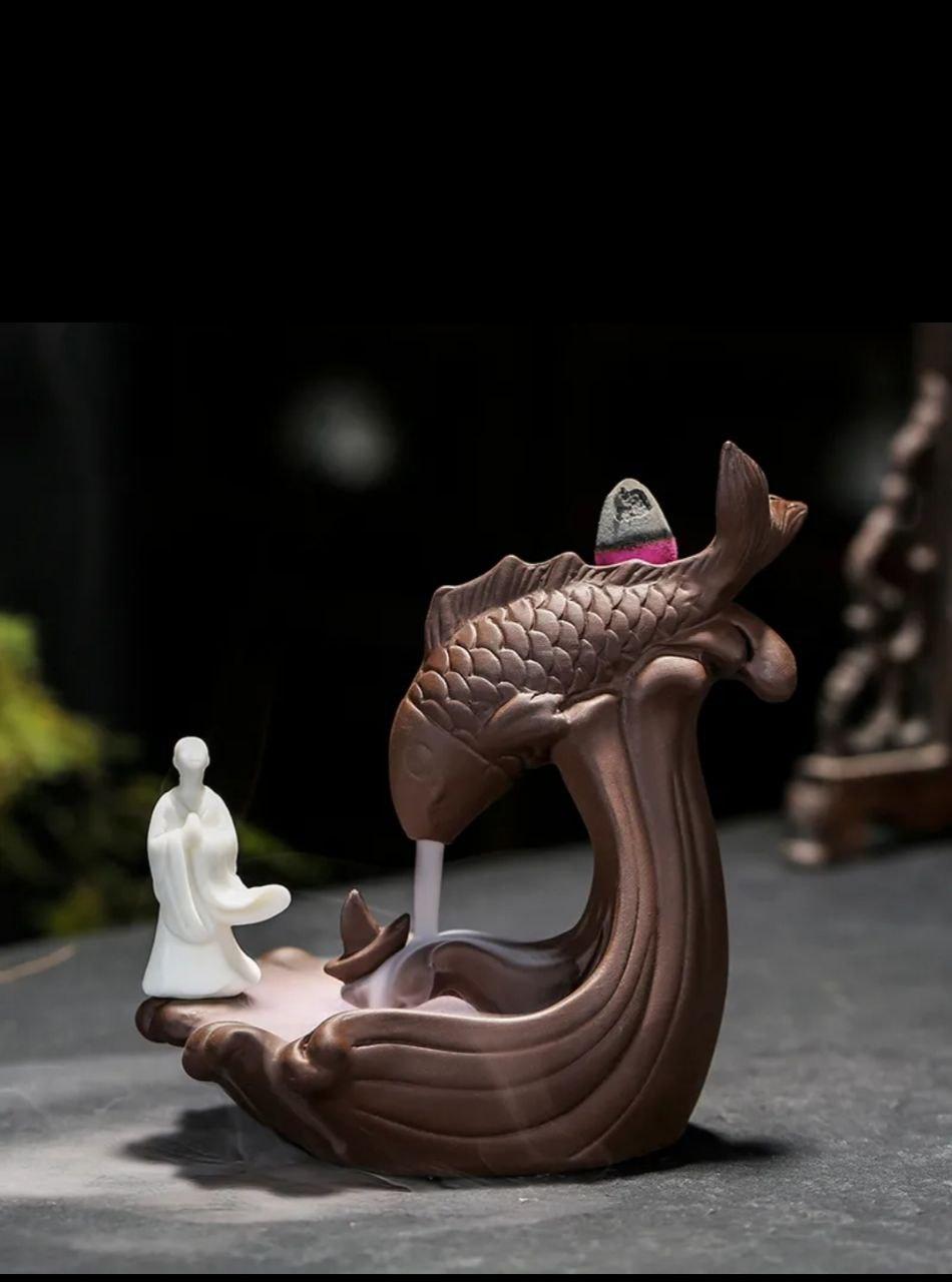 Підставка "Живий дим" з кераміки "Дзеркальний карп з монахом"+20 конусів, фото 1