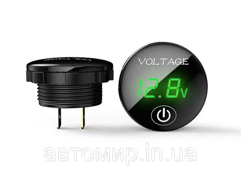 Вольтметр автомобільний врізний круглий зеленого кольору сенсорний, фото 1