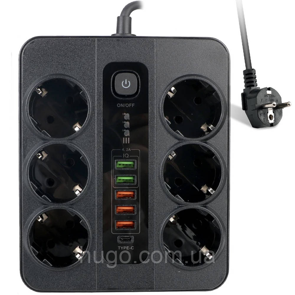 Мережевий фільтр 2 м, на 6 розеток+3USB+2USB IQ+Type C, 3000Вт / Подовжувач з вимикачем