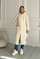 Демисезонное женское стеганое пальто с капюшоном молочное 3356-01