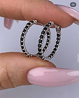 Серебряные сережки кольца с черными фианитами