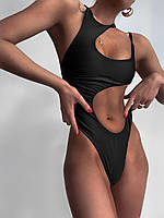 Модный женский эластичный летний сплошной купальник черного цвета бифлекс размеры 40-42 44-46