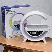 Светильник RGB с часами и колонкой Bluetooth 4 в 1 беспроводная зарядка питание от аккумулятора настольный