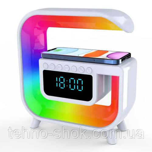Лампа-нічник Light Sound Machine G30 з бездротовою зарядкою годинником і будильником, Bluetooth колонка