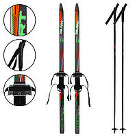 Лыжи беговые подростковые в комплекте с палками Zelart SK-0881-140B цвет черный-салатовый-оранжевый un