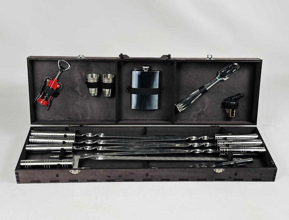 Набір шампурів у кейсі Шампура для шашлику та барбекю Ідеальний подарунок чоловікові (Вуд на 18 предметів) HAPPY DAYS, фото 1