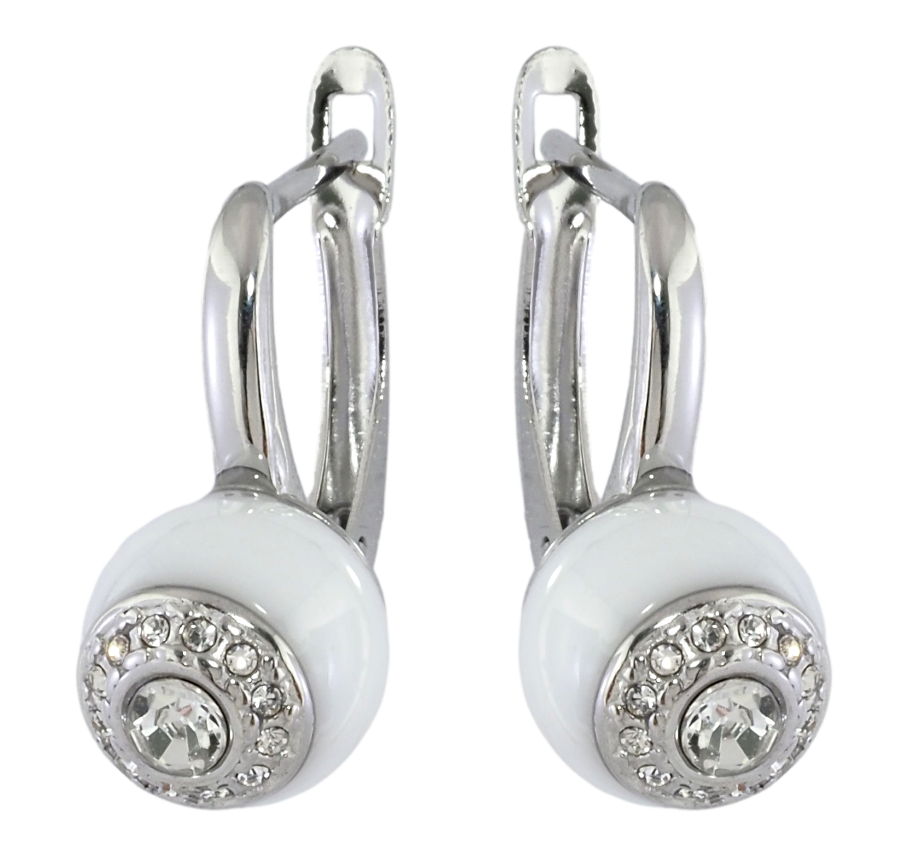 Сережки Xuping TTM Stainless Steel колір Родій англійський замок «Візерунок з білою керамікою та цирконієм», фото 1