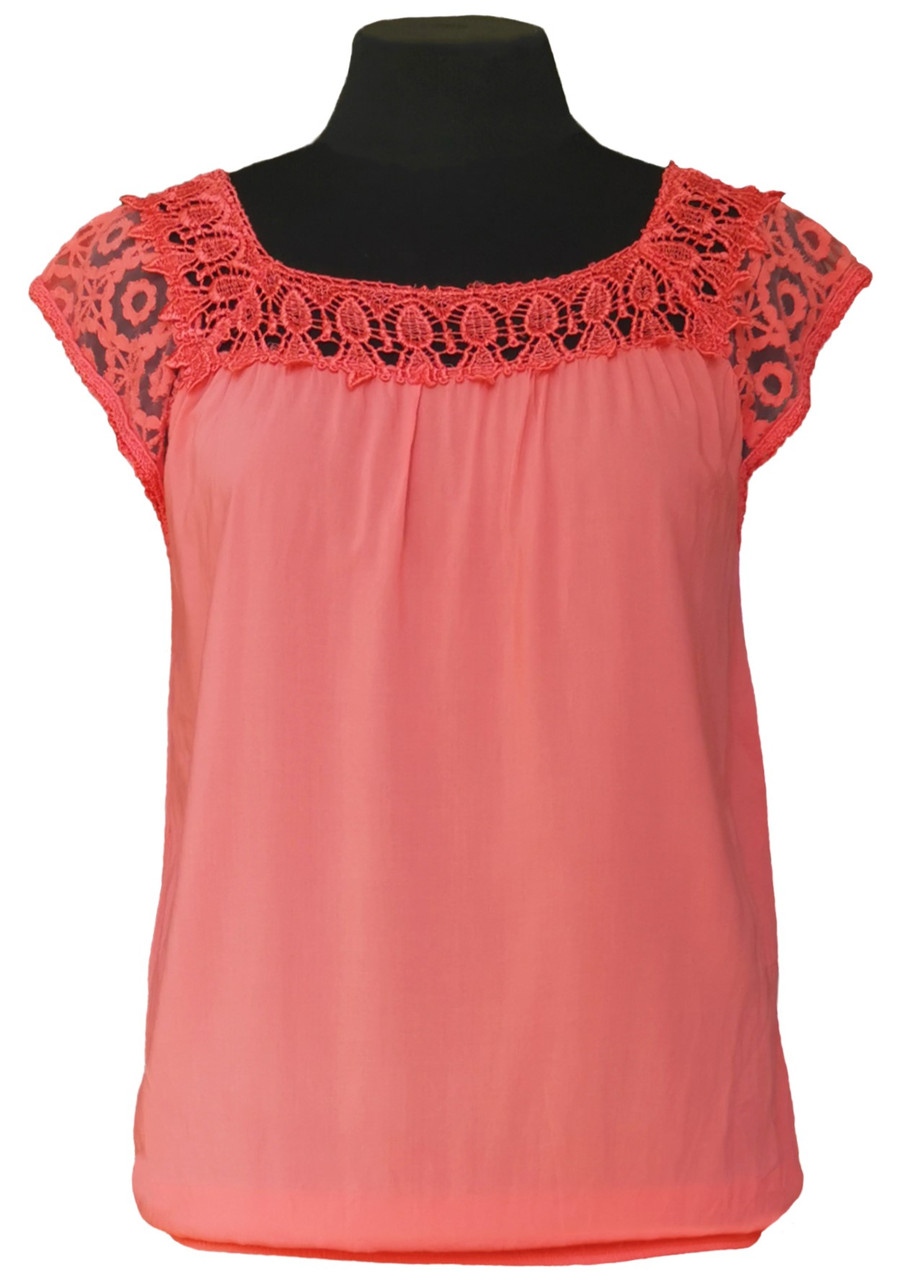 Блузка жіноча літня віскозна з коротким рукавом та мереживом Корал Free size, фото 1