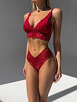Красивый красный кружевной комплект женского нижнего белья, Модный удобный ажурный комплект нижнего белья