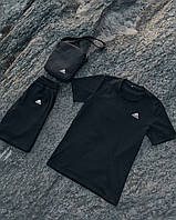 Летний черный костюм Adidas мужской футболка и шорты, Черный спортивный костюм Адидас на лето 3в1 + барсетка