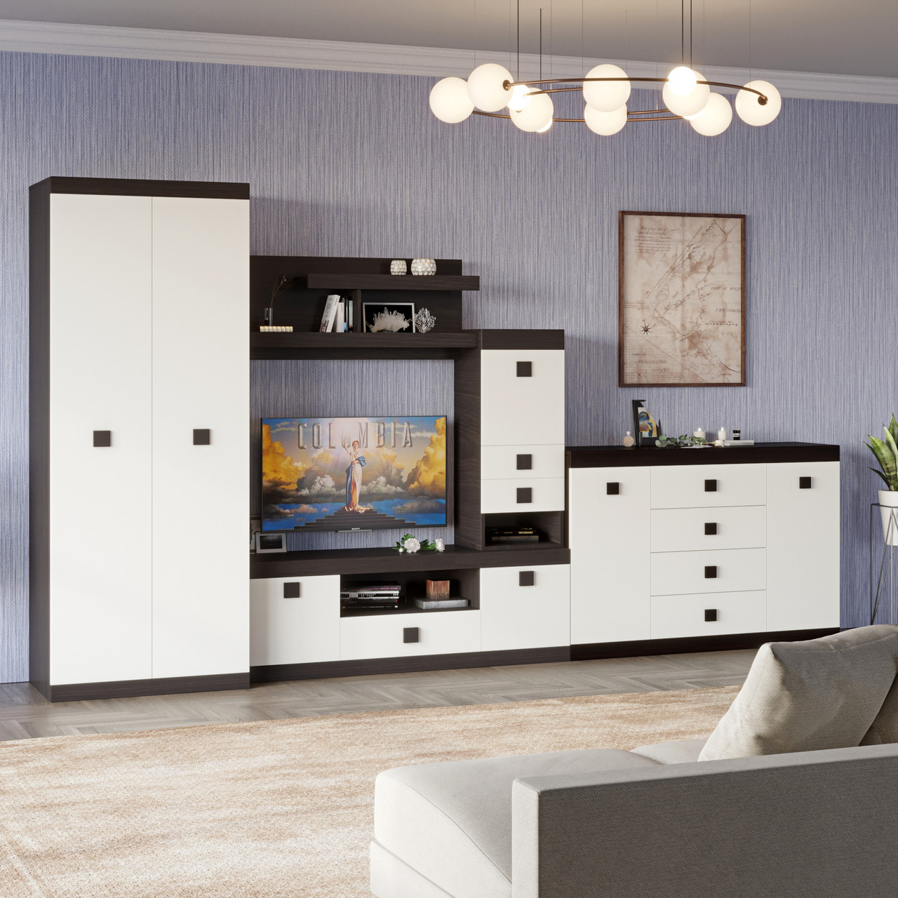 Стінка для вітальні Еверест Соната 2 (модульна - 5 елементів) венге темний+білий (DTM-2237), фото 1