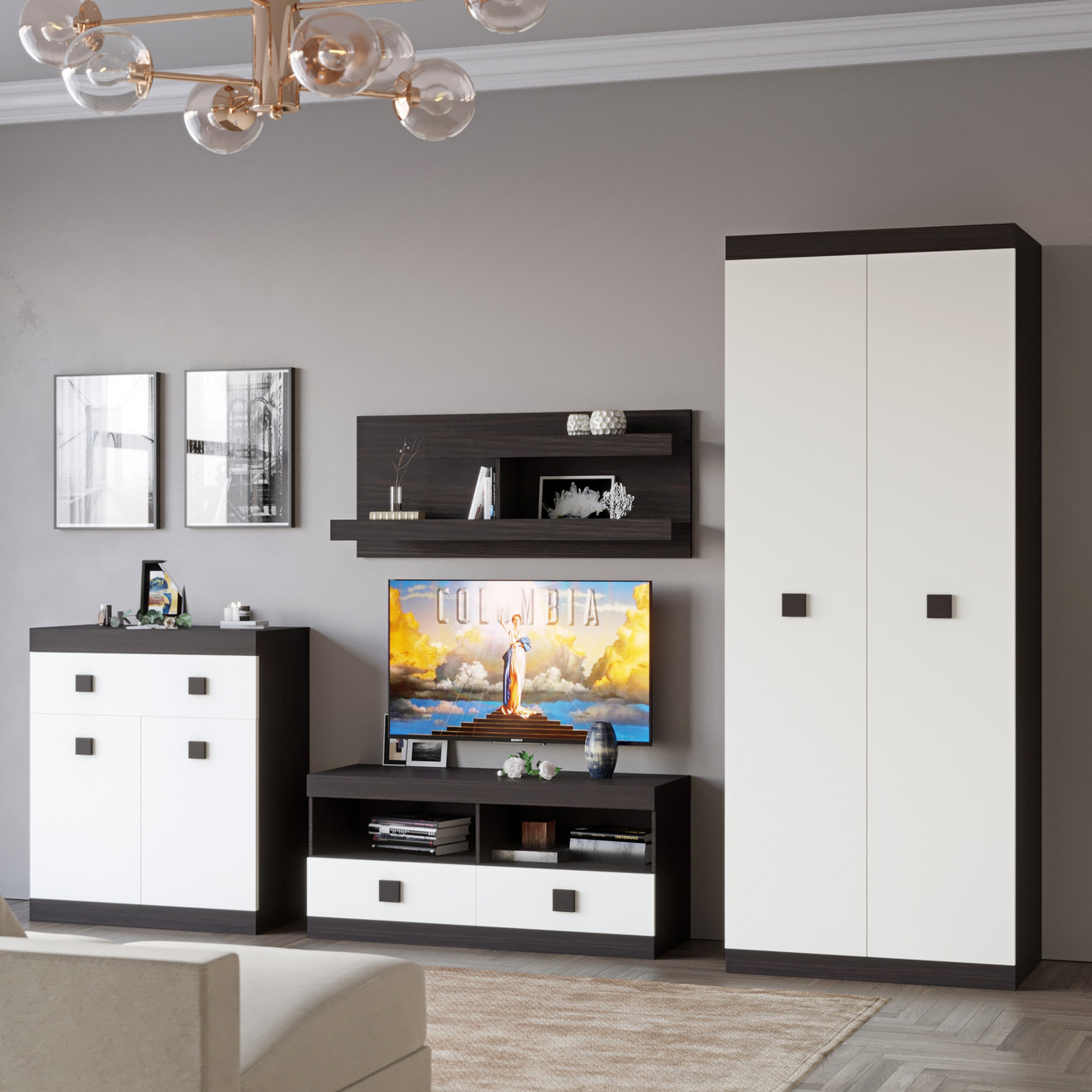 Стінка для вітальні Еверест Соната 7 (модульна - 4 елементи) венге темний+білий (DTM-2242), фото 1